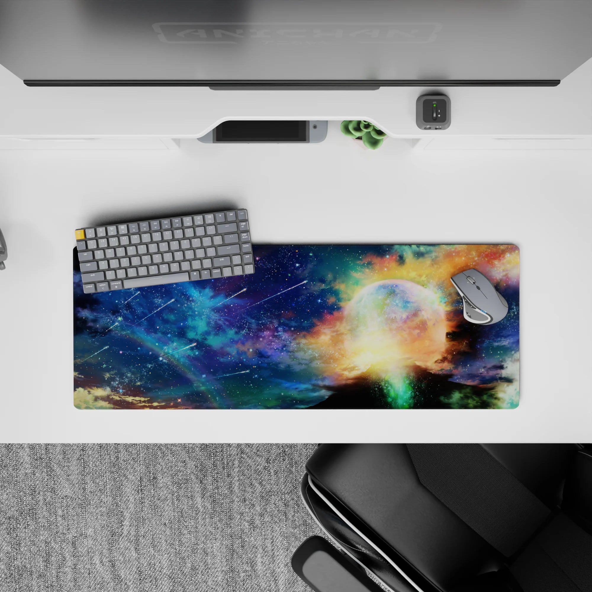 Deep blue to teal mist mouse pad 32x12 inches with warm gold clouds for a cozy calming mood.