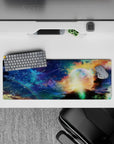 Deep blue to teal mist mouse pad 32x12 inches with warm gold clouds for a cozy calming mood.