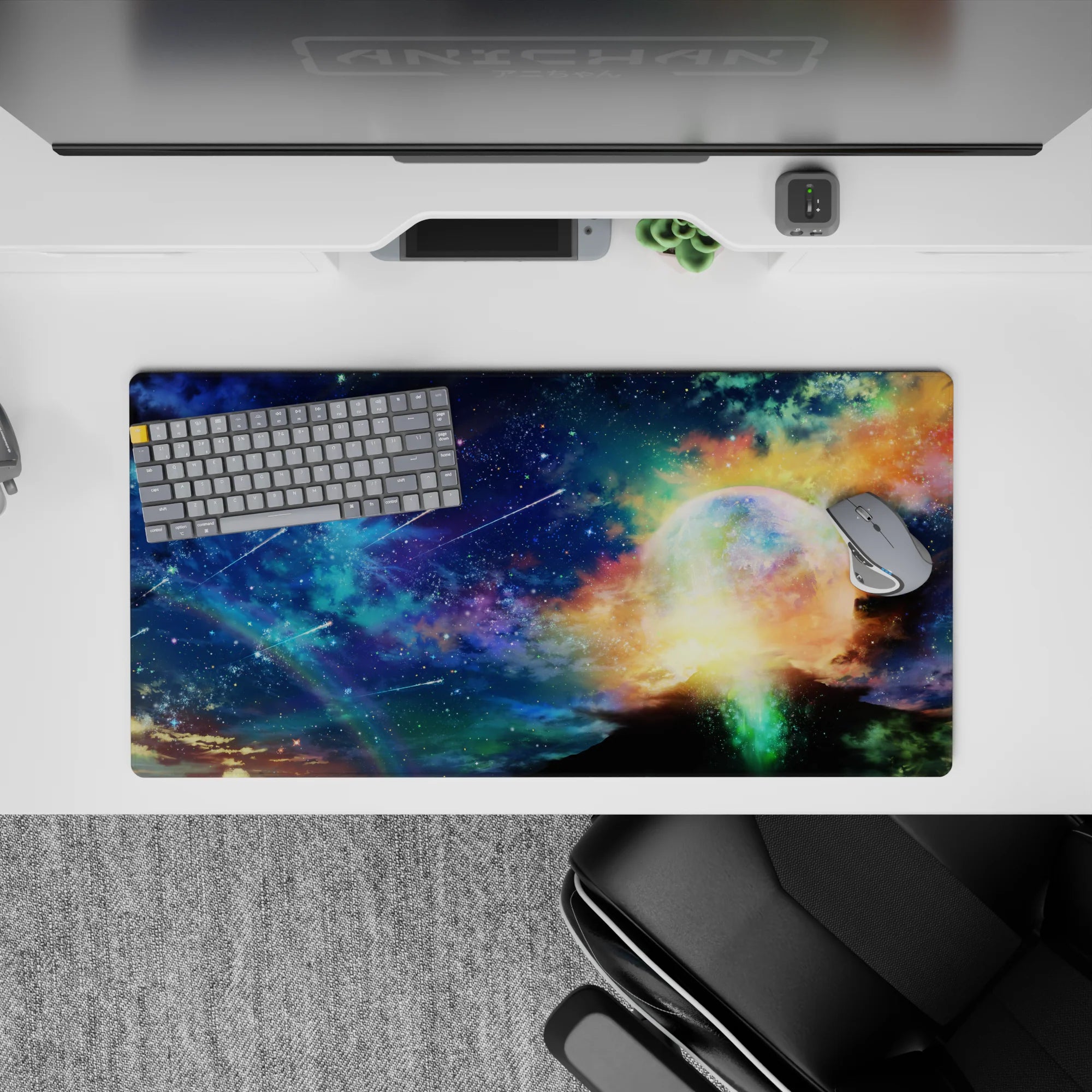 Deep blue to teal mist mouse pad 32x16 inches with warm gold clouds, cozy calming late-night vibe.