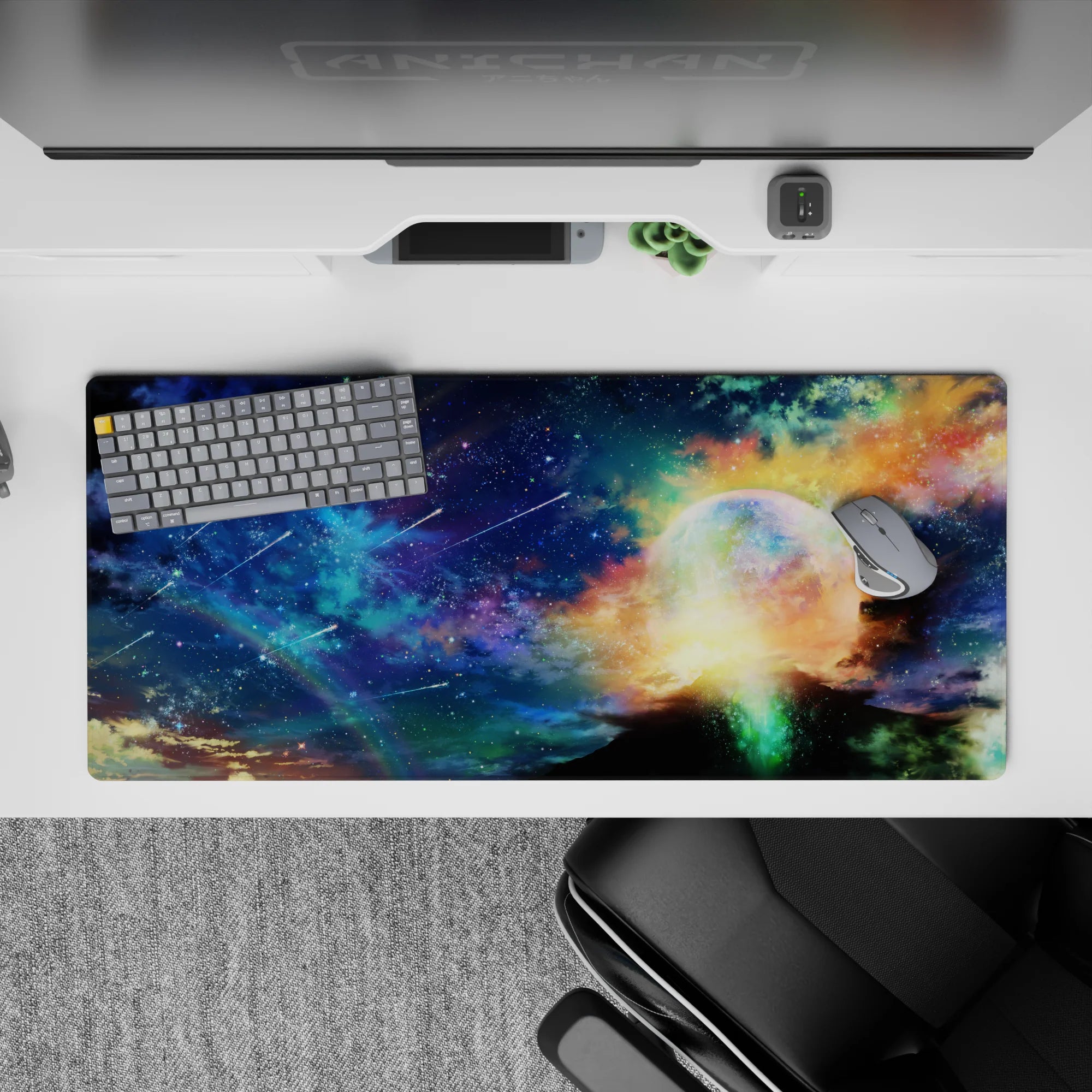 Deep blue to teal desk pad 36x16 inches with warm gold clouds, cozy calming night-sky mood.