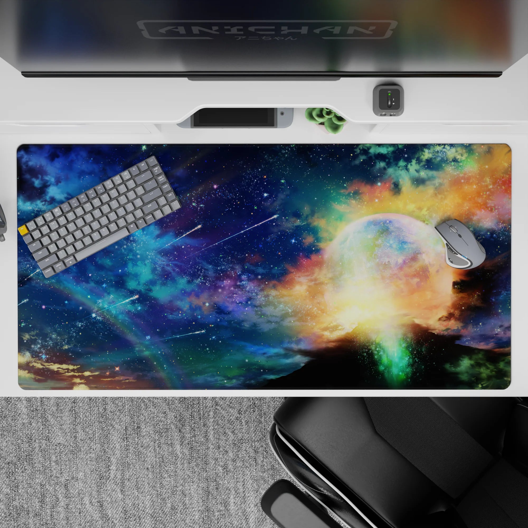 Deep blue to teal desk pad 40x20 inches with warm gold clouds for a cozy, calming night mood.
