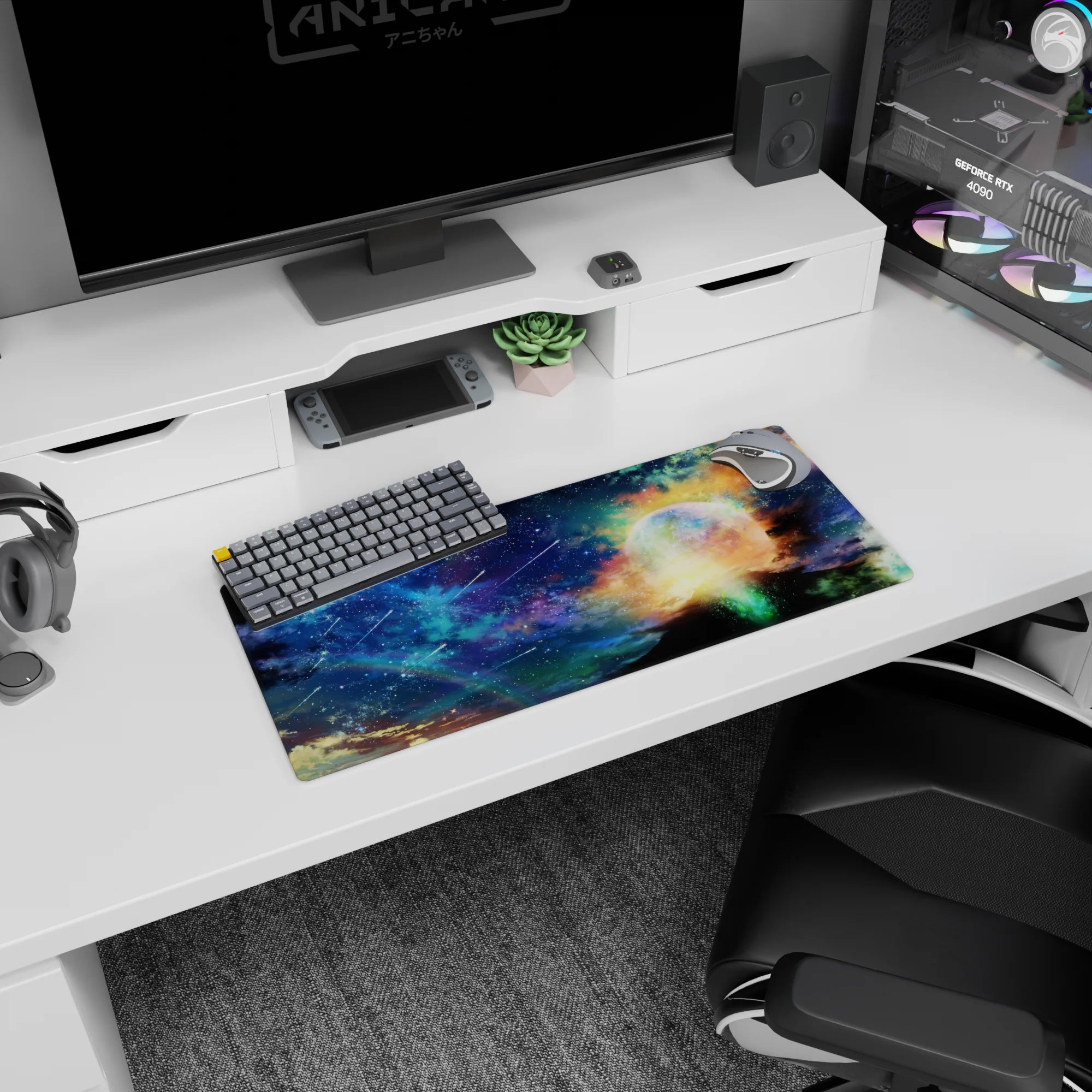 Planet halo sunrise horizon mouse pad 28x12 inches with tiny stars and meteor streaks across the sky.