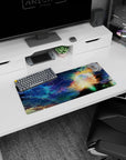 Planet halo sunrise horizon mouse pad 28x12 inches with tiny stars and meteor streaks across the sky.