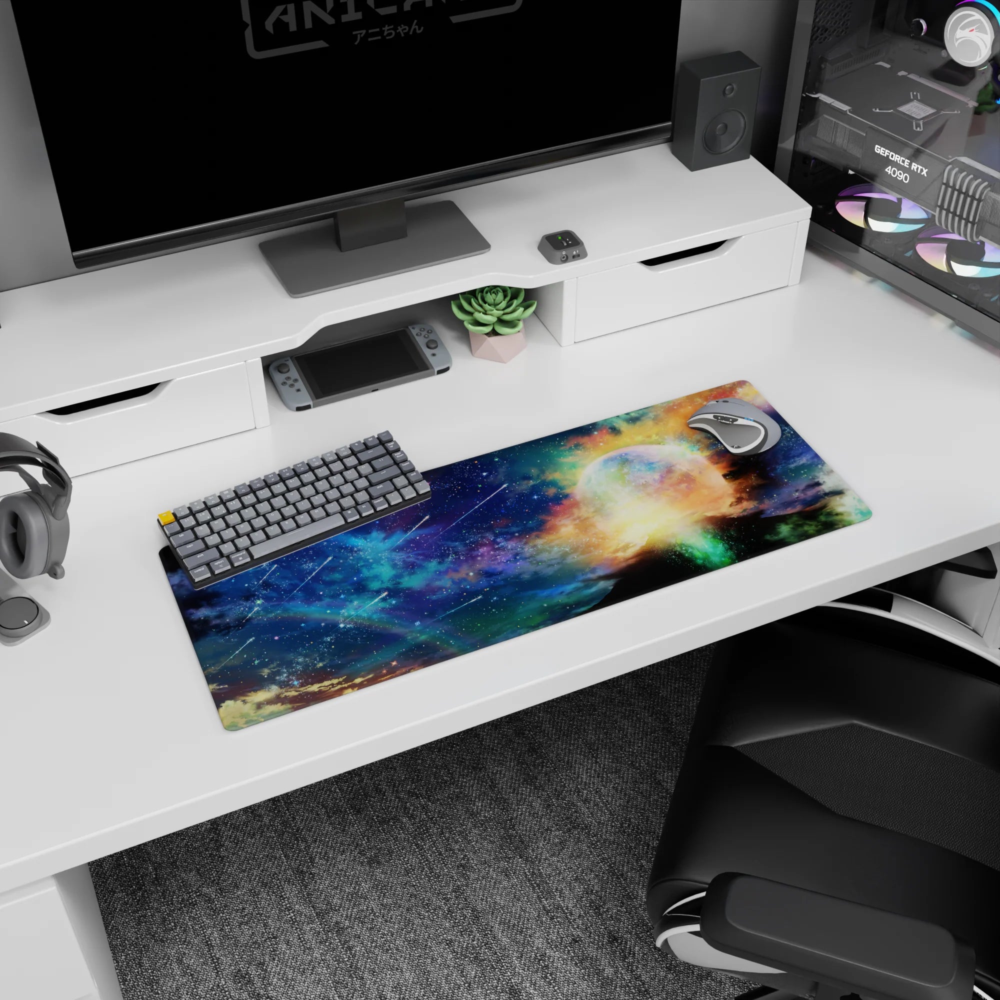 Planet halo horizon scene mouse pad 32x12 inches with tiny constellations and meteor streaks overhead.