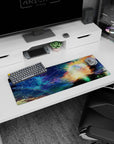 Planet halo horizon scene mouse pad 32x12 inches with tiny constellations and meteor streaks overhead.