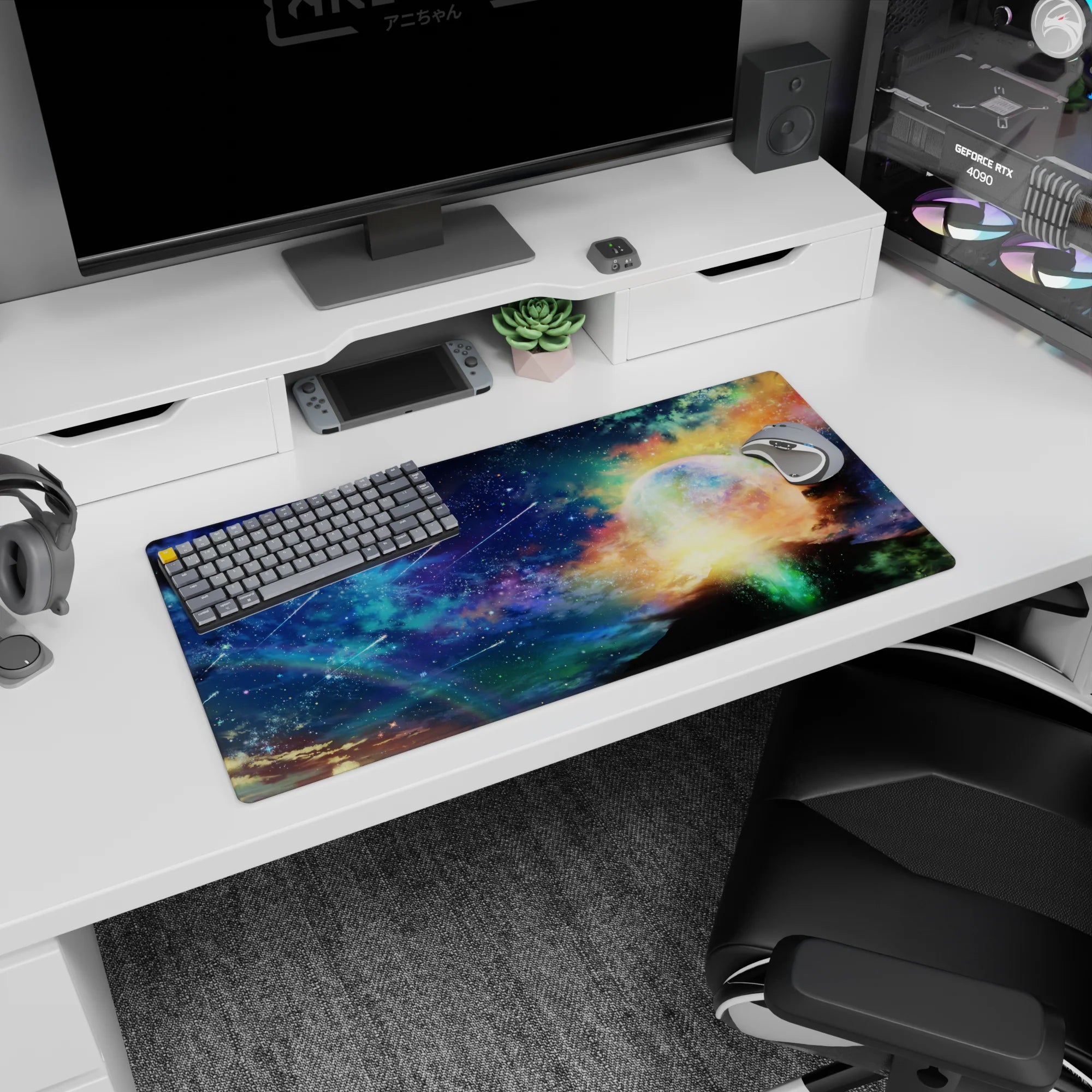Cosmic horizon mouse pad 32x16 inches featuring a glowing planet halo above gold clouds and tiny stars.