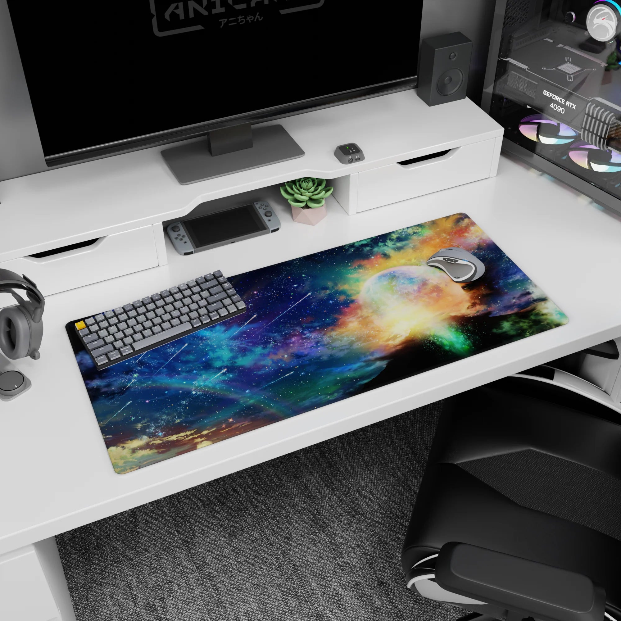 Planet halo horizon scene desk pad 36x16 inches with tiny constellations and meteor streaks.