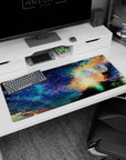 Planet halo horizon scene desk pad 36x16 inches with tiny constellations and meteor streaks.