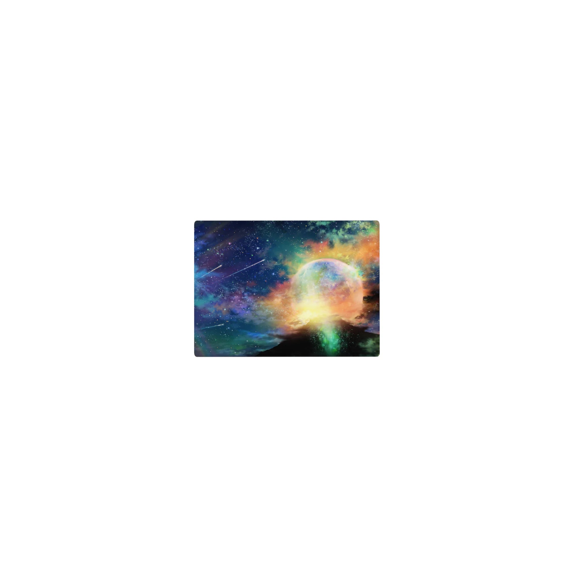 Starlit sky galaxy mouse pad 14x10 inches with teal mist, golden clouds, constellations, and planet halo.