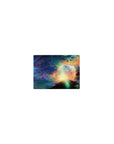Starlit sky galaxy mouse pad 14x10 inches with teal mist, golden clouds, constellations, and planet halo.