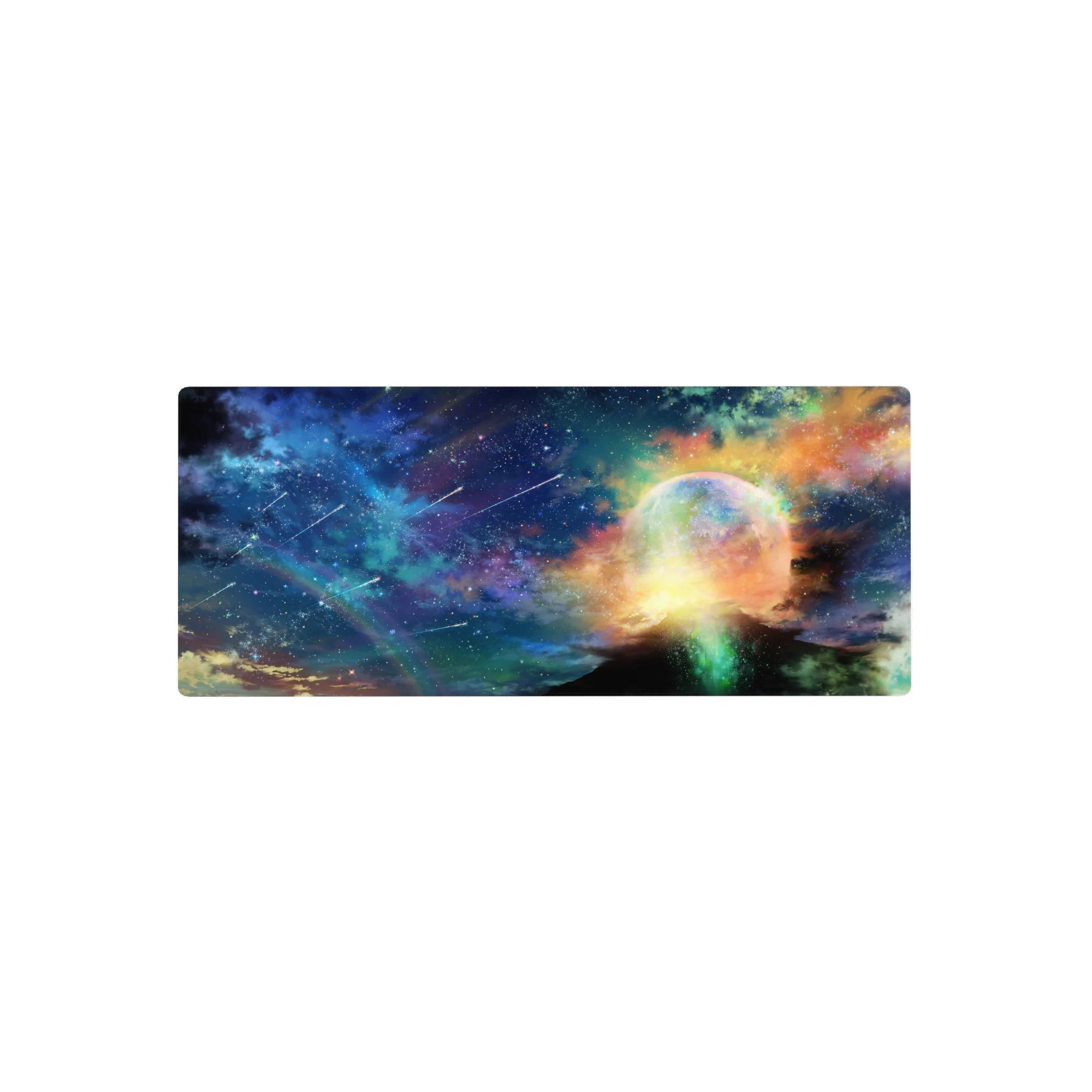 Starlit sky desk mouse pad 28x12 inches with constellations, shooting trails, and planet halo horizon.