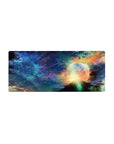 Starlit sky desk mouse pad 28x12 inches with constellations, shooting trails, and planet halo horizon.