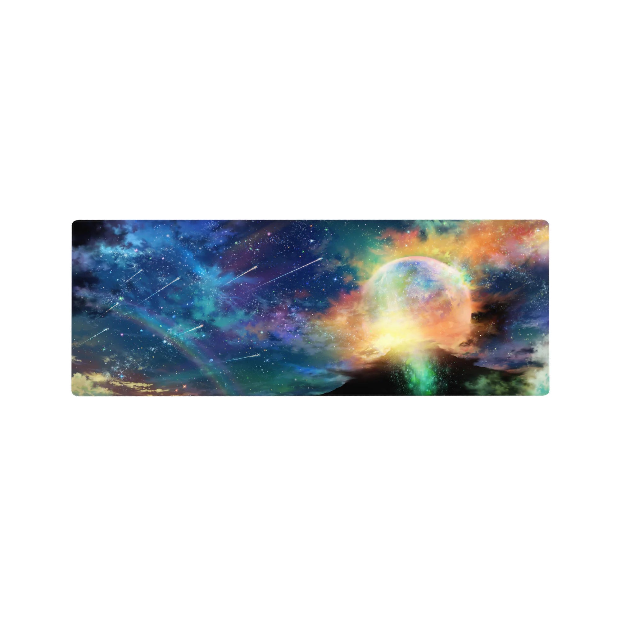 Starlit sky galaxy desk mouse pad 32x12 inches with constellations, shooting trails, and planet halo.