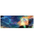 Starlit sky galaxy desk mouse pad 32x12 inches with constellations, shooting trails, and planet halo.