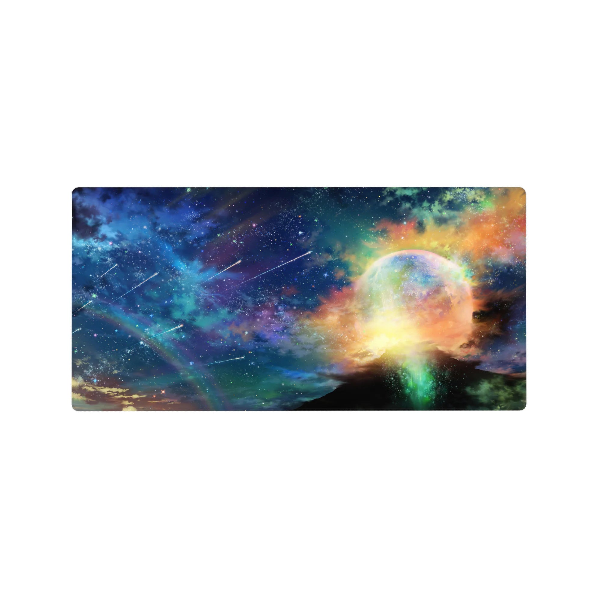 Starlit sky desk mouse pad 32x16 inches with constellations, shooting trails, and a planet halo horizon.