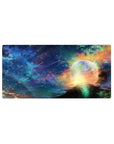 Starlit sky desk mouse pad 32x16 inches with constellations, shooting trails, and a planet halo horizon.