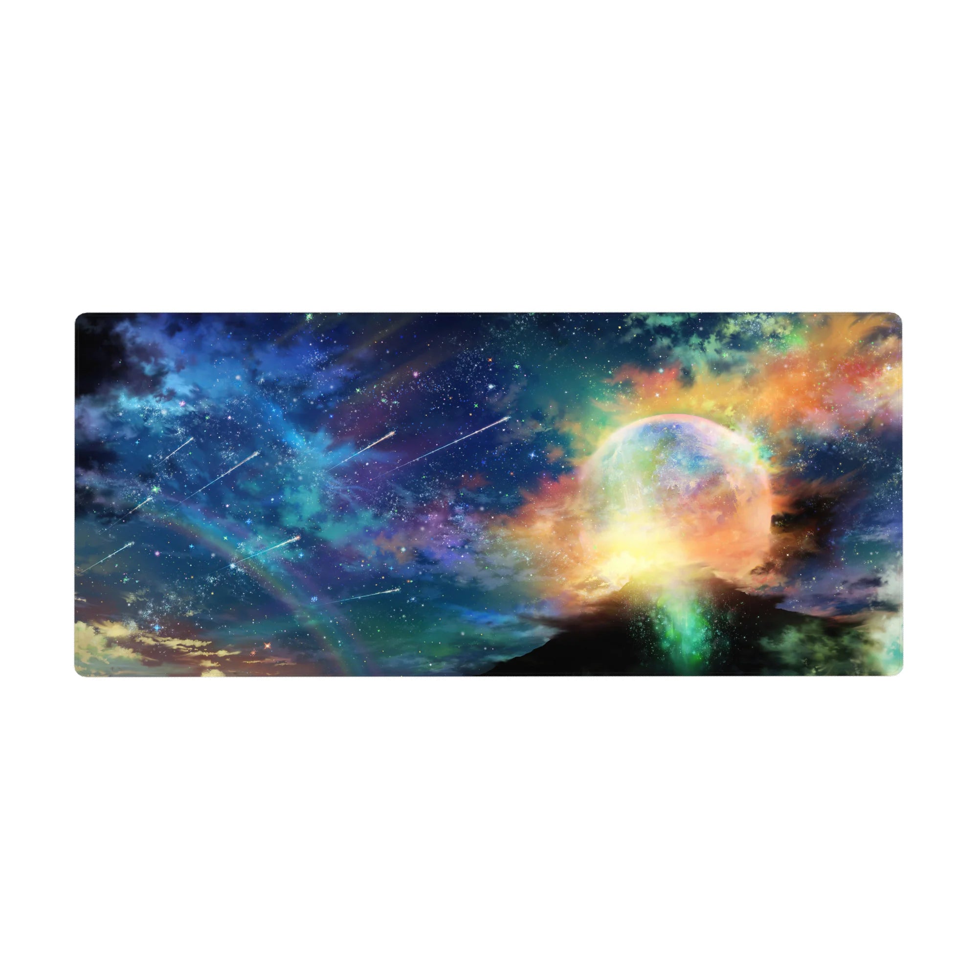 Starlit sky desk pad 36x16 inches with constellations, shooting trails, and a planet halo horizon.