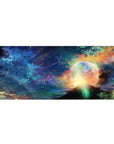 Starlit sky desk pad 36x16 inches with constellations, shooting trails, and a planet halo horizon.