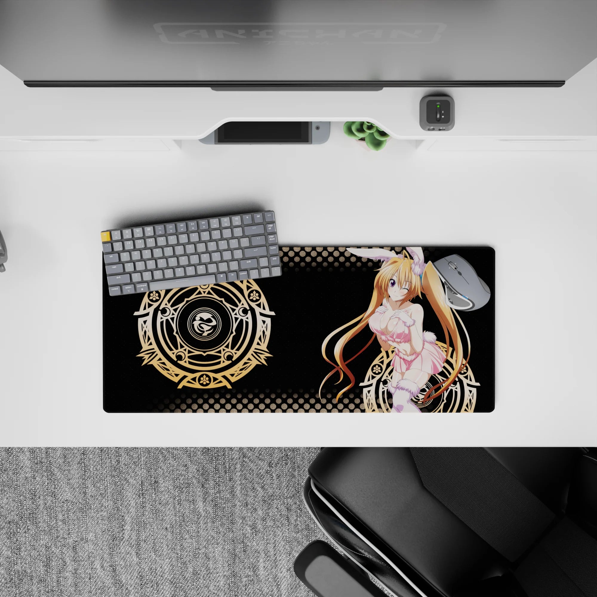 Mouse pad featuring Irina Shidou from High School DxD in bunny mode, 28x12 inches, with arcane circles and pop-art style.