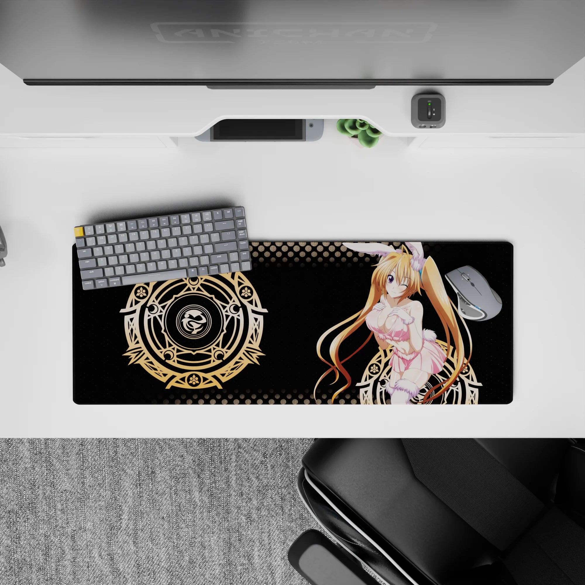Mouse pad featuring Irina Shidou in bunny mode from High School DxD, size 32x12 inches, with magical pop-art design.