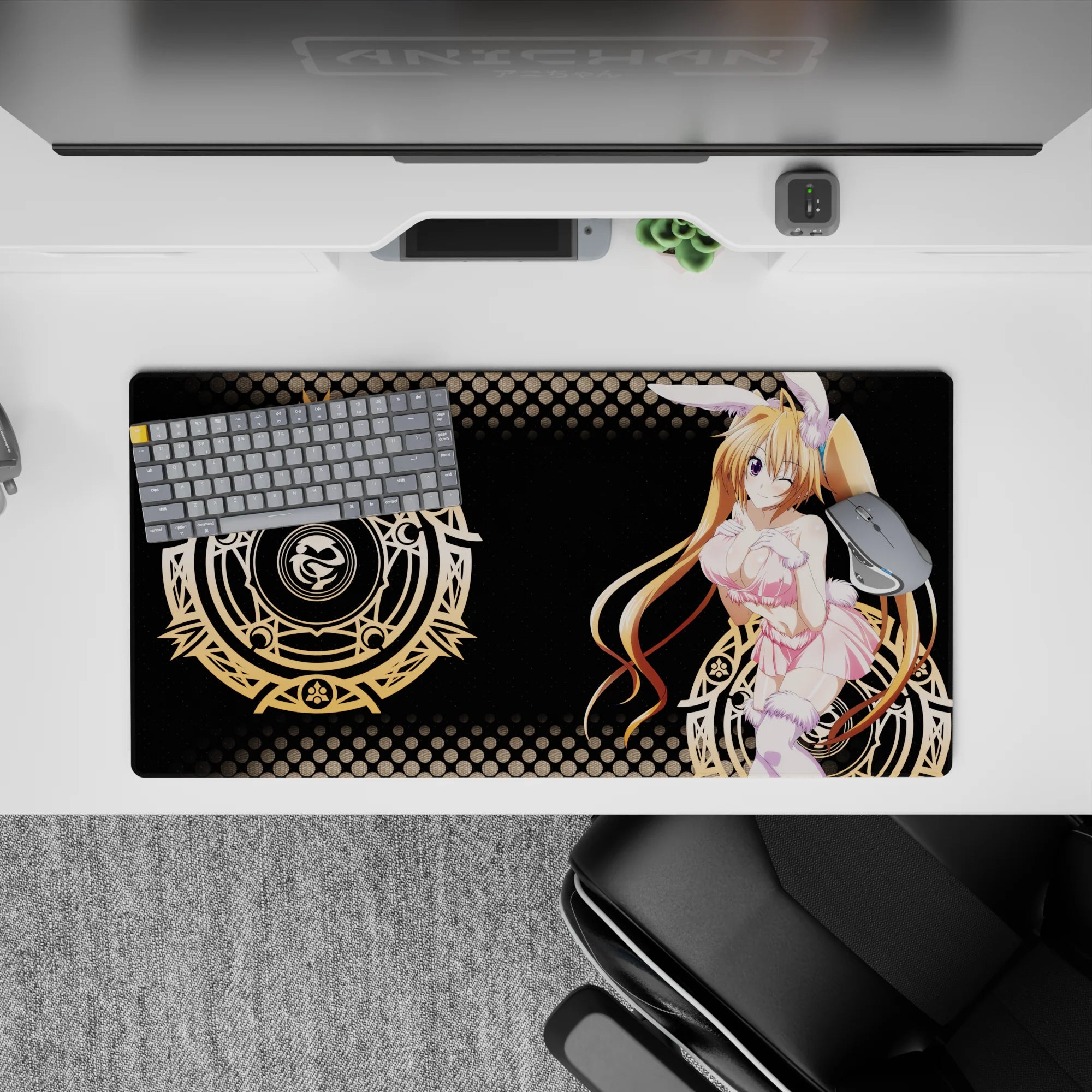 Irina Shidou anime mouse pad 32x16 inches, featuring bunny mode with fluffy ears, pastel pink, and magical gold circles.