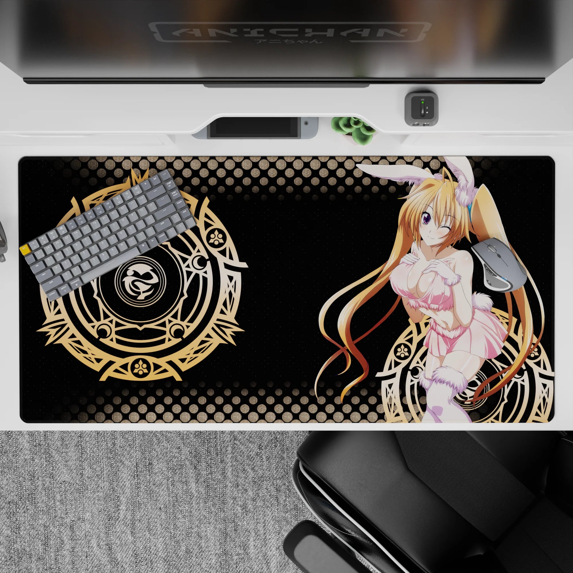 Irina Shidou in bunny mode on 40x20 inch anime mouse pad, pastel pink with gold arcane circles from High School DxD.