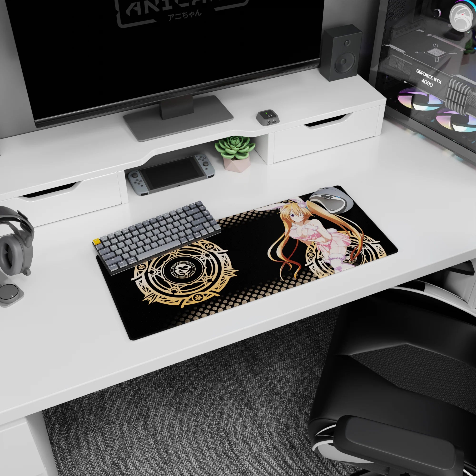 Mouse pad 28x12 inches featuring Irina Shidou in bunny mode from High School DxD, with gold arcane circles and pop-art style.