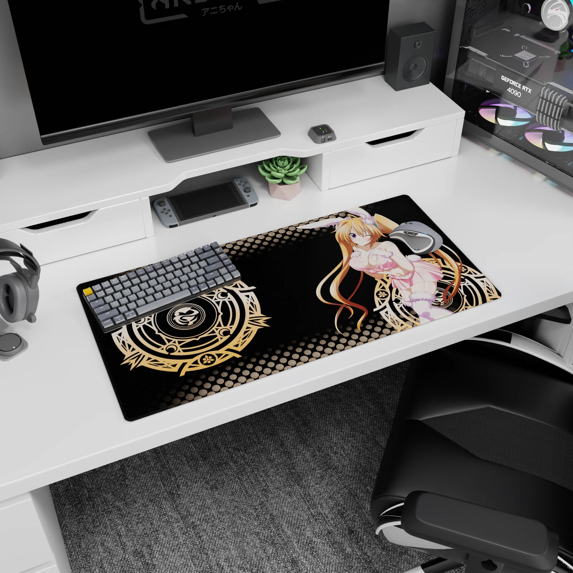 Irina Shidou from High School DxD in bunny outfit on 32x16 inch mouse pad, featuring gold arcane circles and pop-art style.