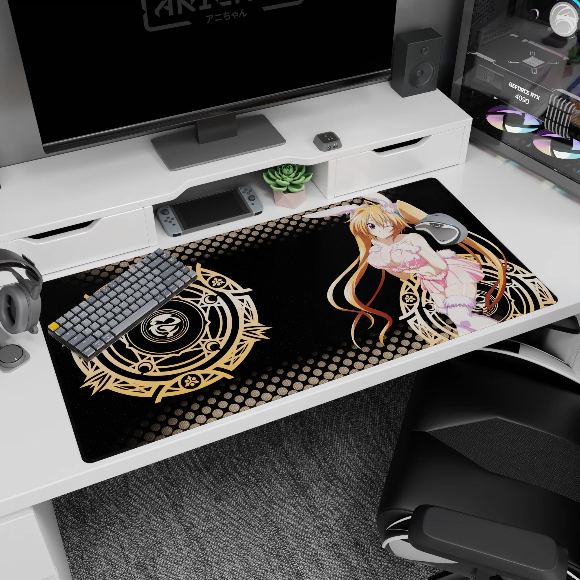 Irina Shidou anime desk pad 40x20 inches, featuring her in bunny mode with pastel colors and magical gold circles.