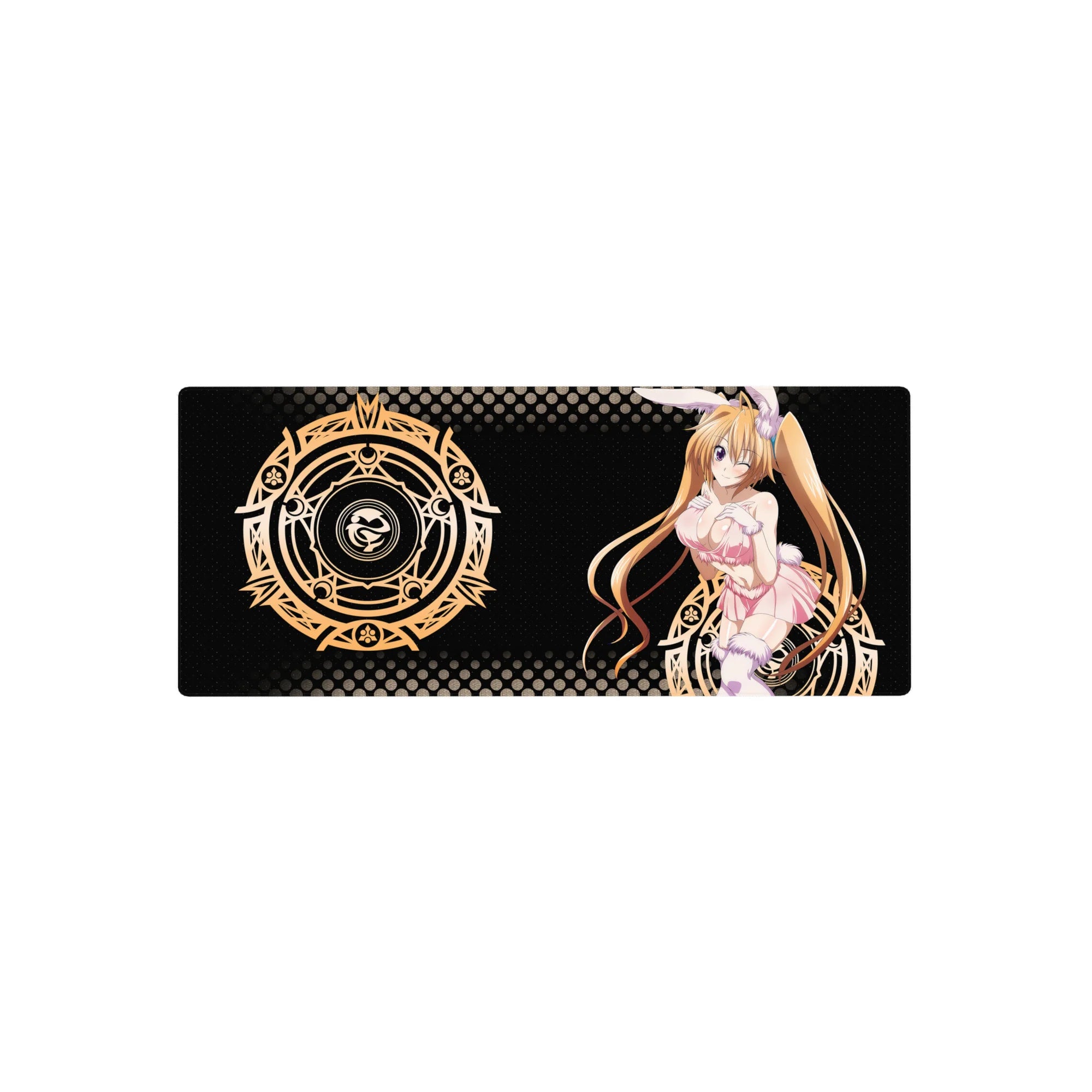 Irina Shidou anime mouse pad, 28x12 inches, featuring bunny mode with pastel pink, glowing gold arcane circles, and pop-art style.