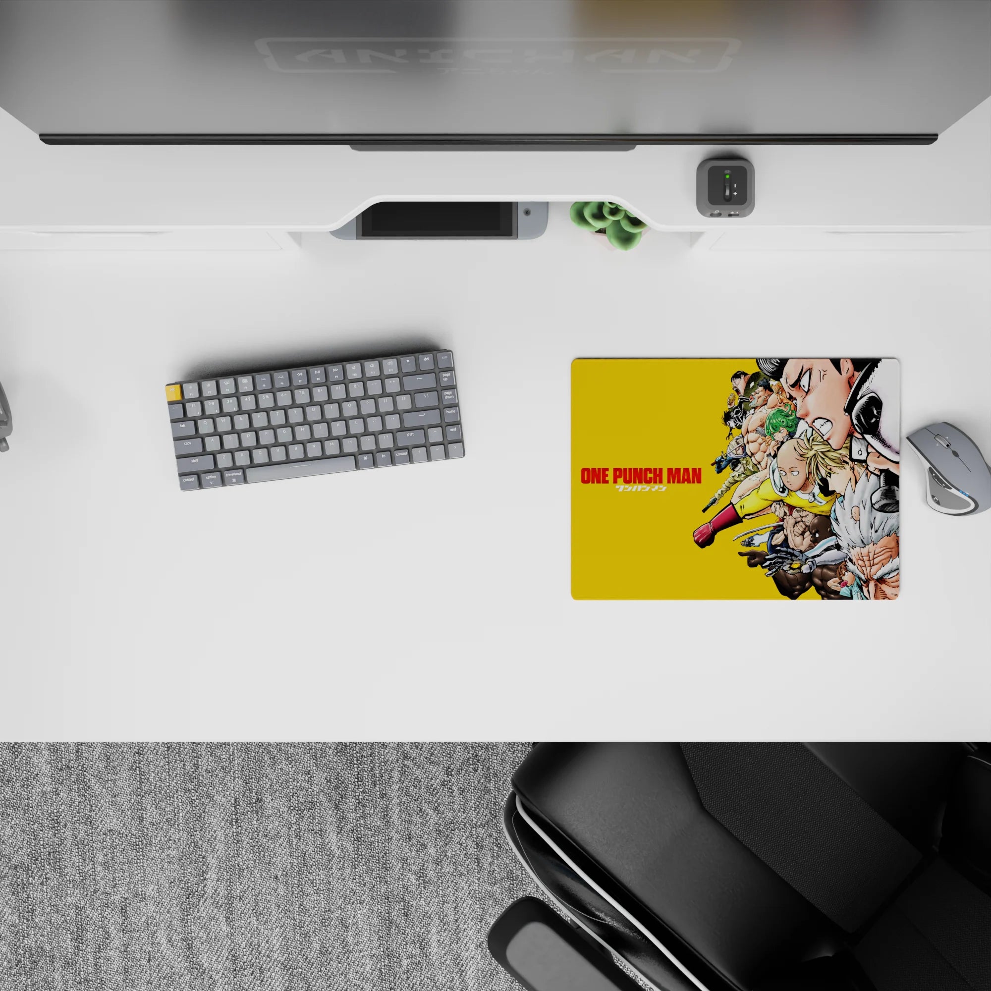 Classic anime mouse pad 14x10 inches in bright yellow with crisp red accents, loud energetic desk vibe.