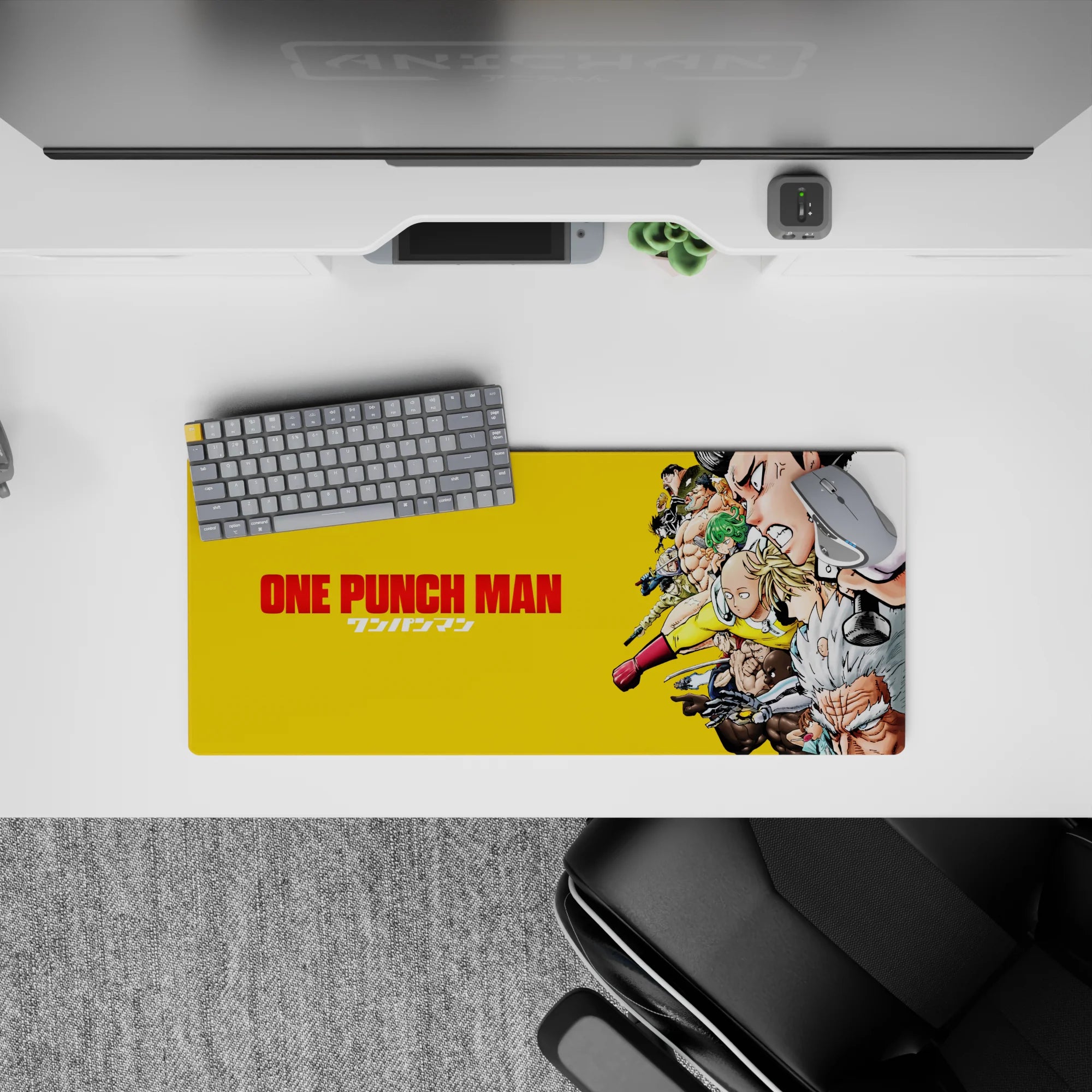 Bold yellow 28x12 inches anime mouse pad with crisp red accents, loud high-energy desk vibe.