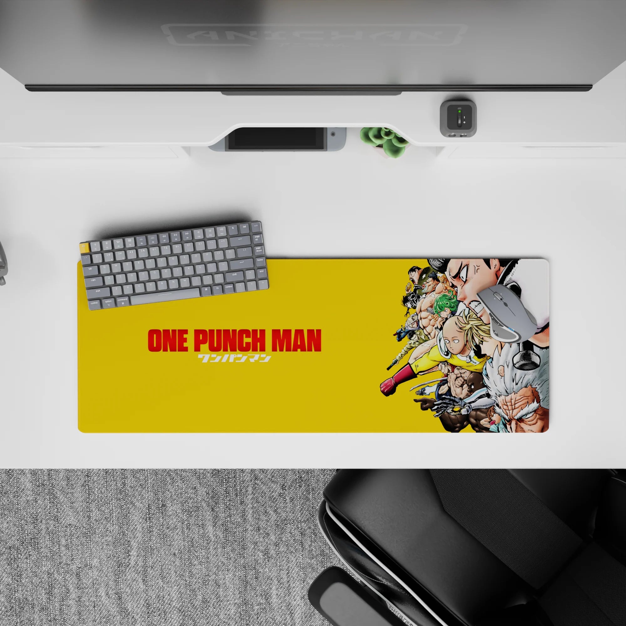 Bold yellow One Punch Man desk mat 32x12 inches, loud crisp colors for late-night gaming focus.