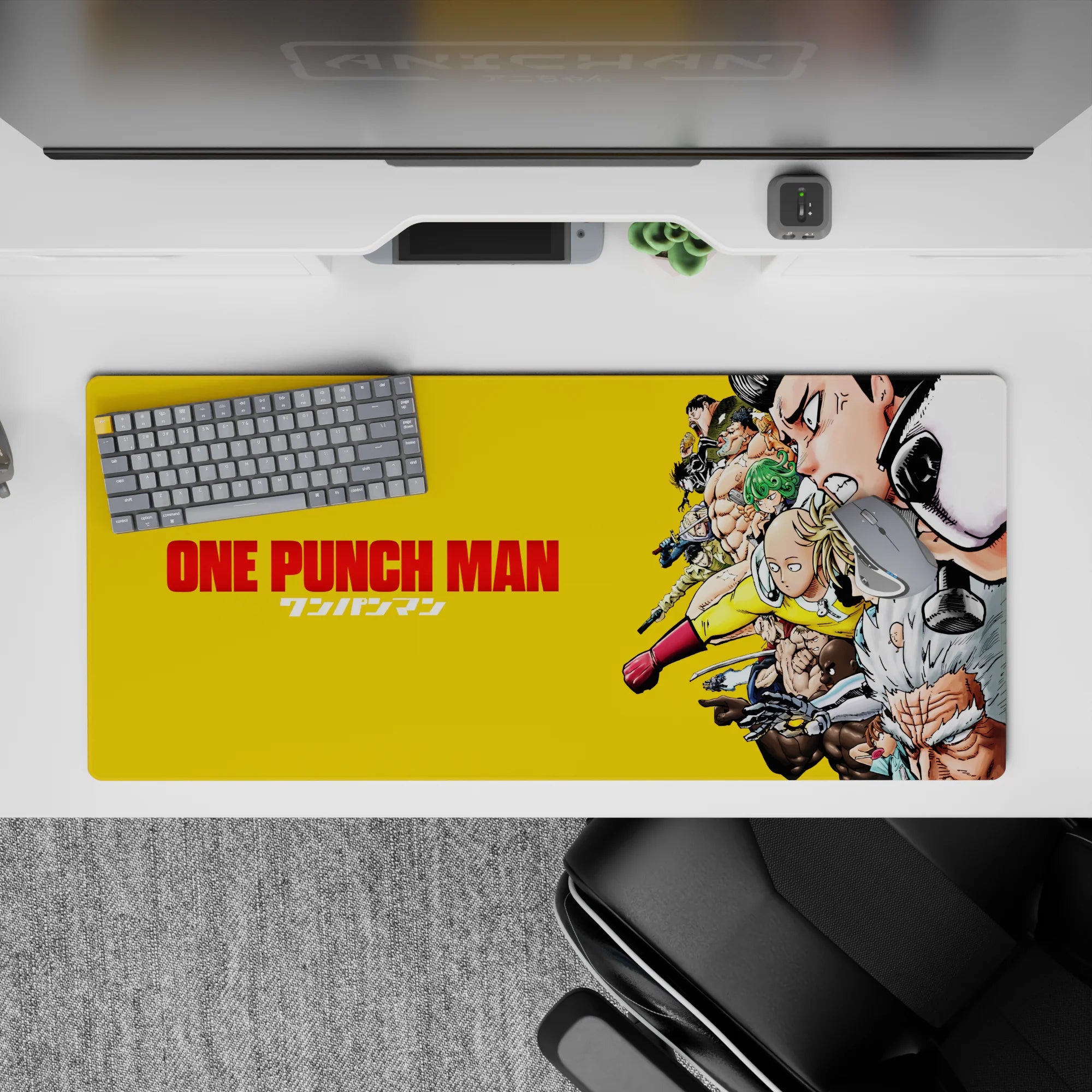 Bright yellow 36x16 inches anime desk pad with bold red accents, crisp action energy, and late-night hype.