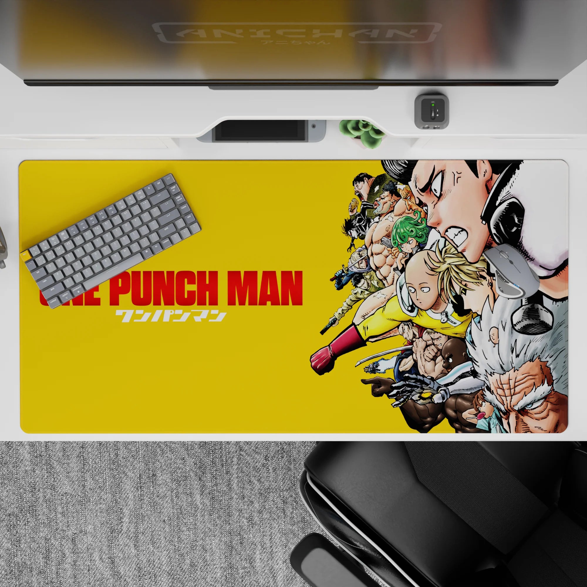 Bright yellow 40x20 inches anime desk pad with bold red accents, crisp hero art, high-energy gaming vibe.
