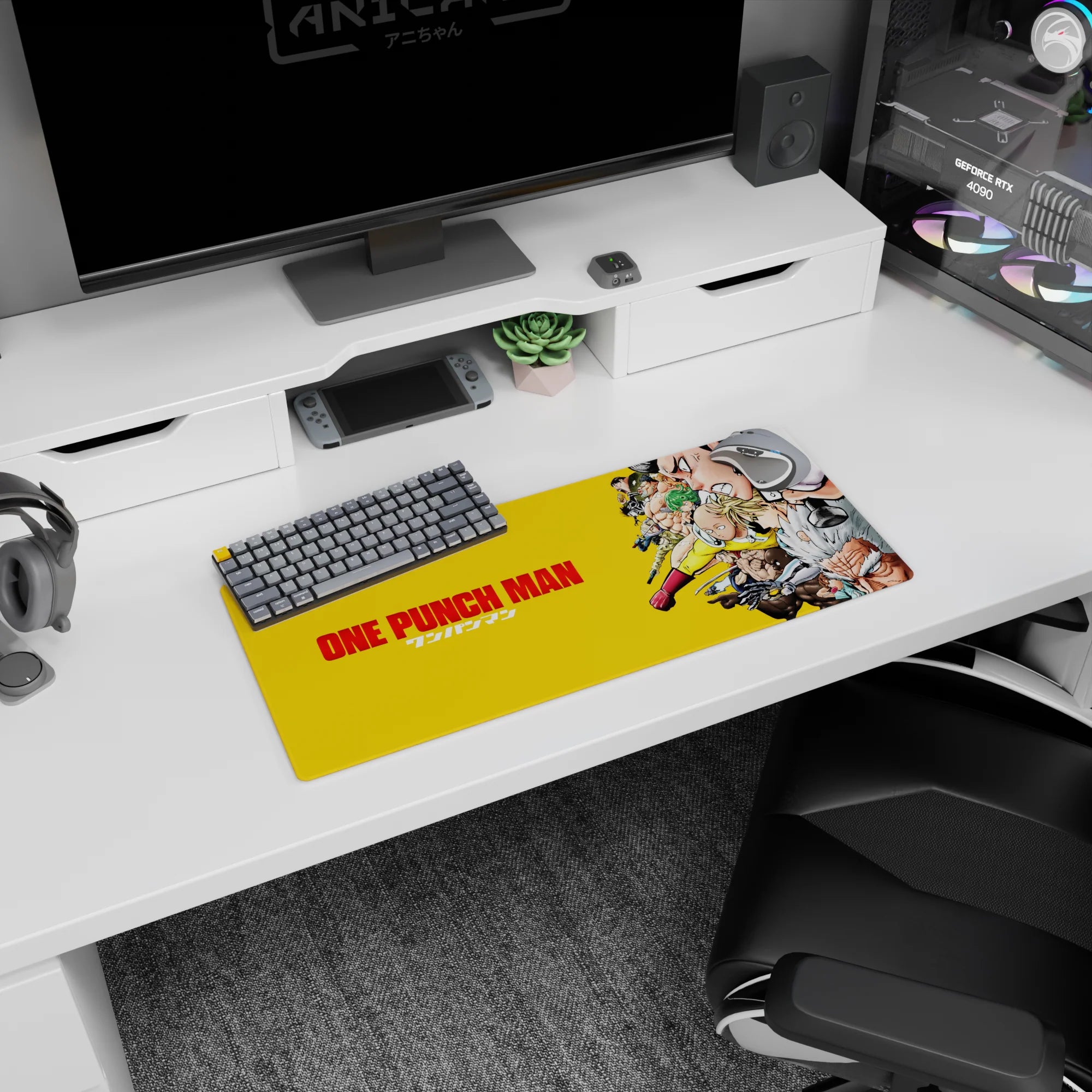 Saitama gliding forward with calm face, Genos snarling behind on a 28x12 inches anime mouse pad.