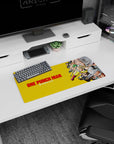 Saitama gliding forward with calm face, Genos snarling behind on a 28x12 inches anime mouse pad.