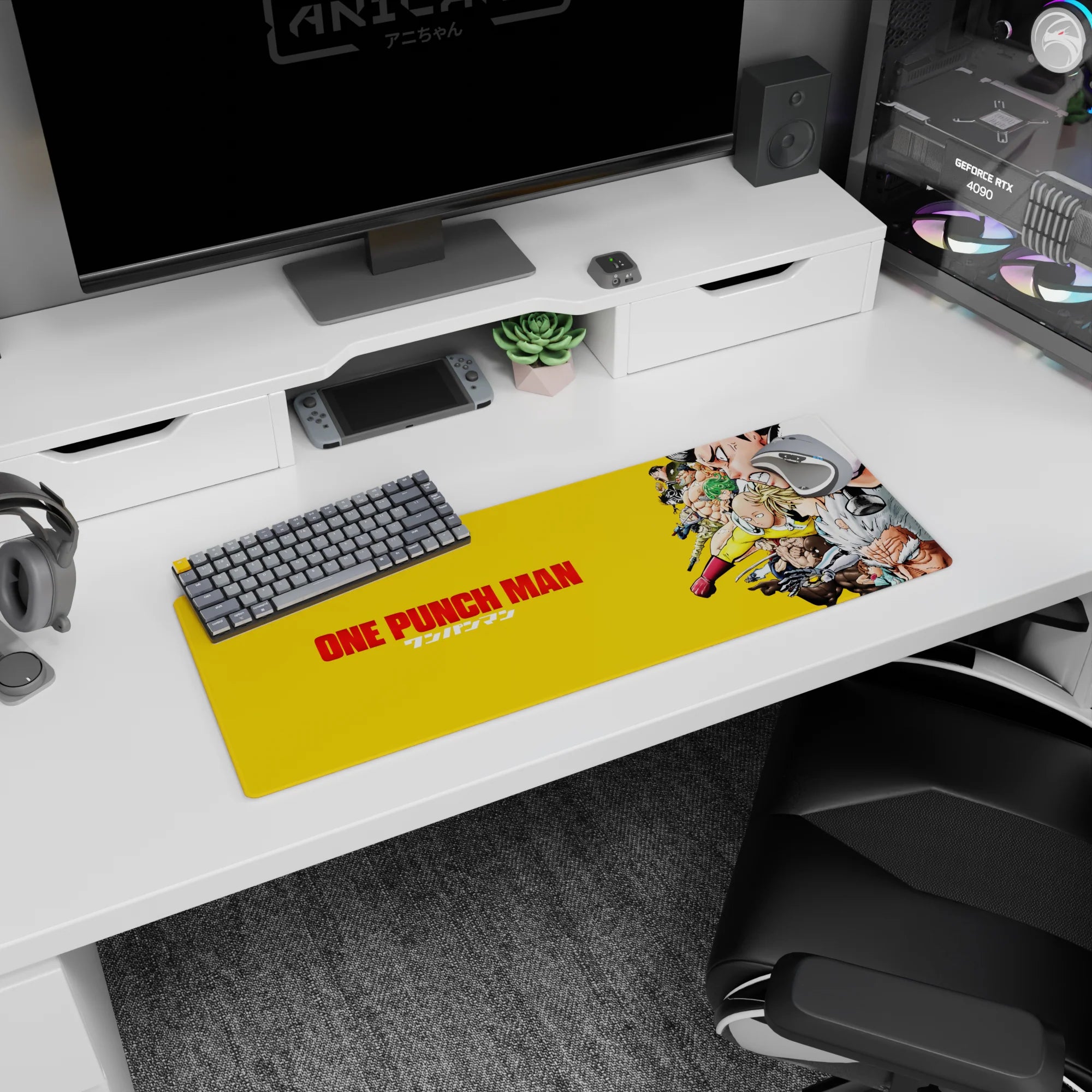 Saitama gliding forward in yellow suit with red gloves, Genos snarling on 32x12 inches anime mouse pad.