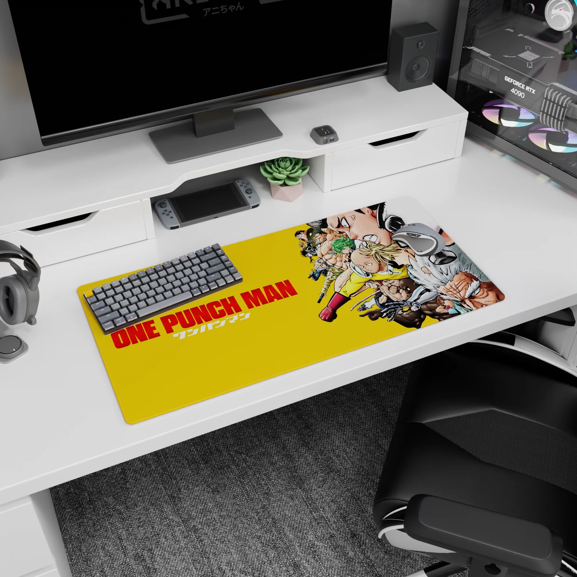 Saitama gliding forward with red gloves beside snarling Genos on an anime mouse pad 32x16 inches.