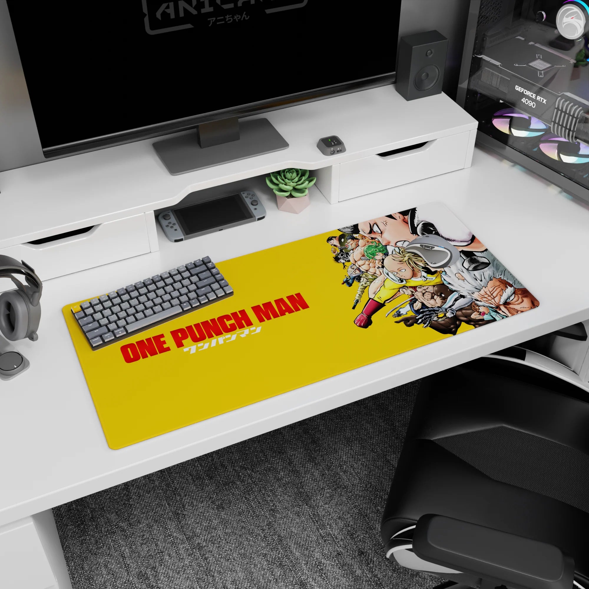 Saitama gliding forward with calm face and red gloves on a 36x16 inches anime desk pad, Genos behind.
