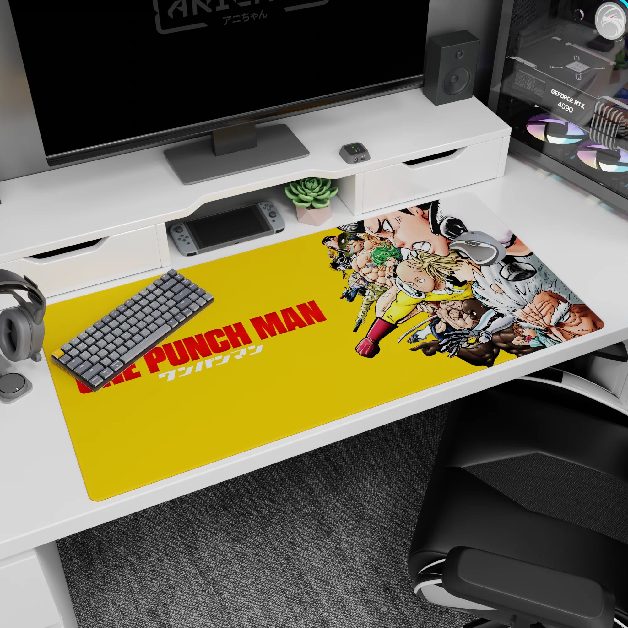 Saitama gliding forward with Genos snarling behind on a 40x20 inches One Punch Man anime desk pad.