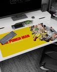 Saitama gliding forward with Genos snarling behind on a 40x20 inches One Punch Man anime desk pad.