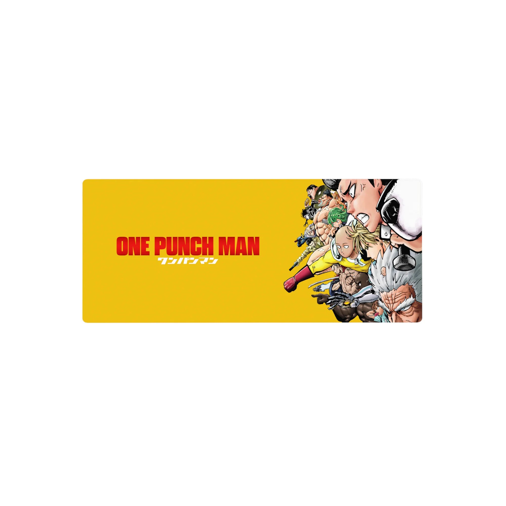 One Punch Man anime mouse pad 28x12 inches with Saitama and Genos in a dynamic hero lineup.