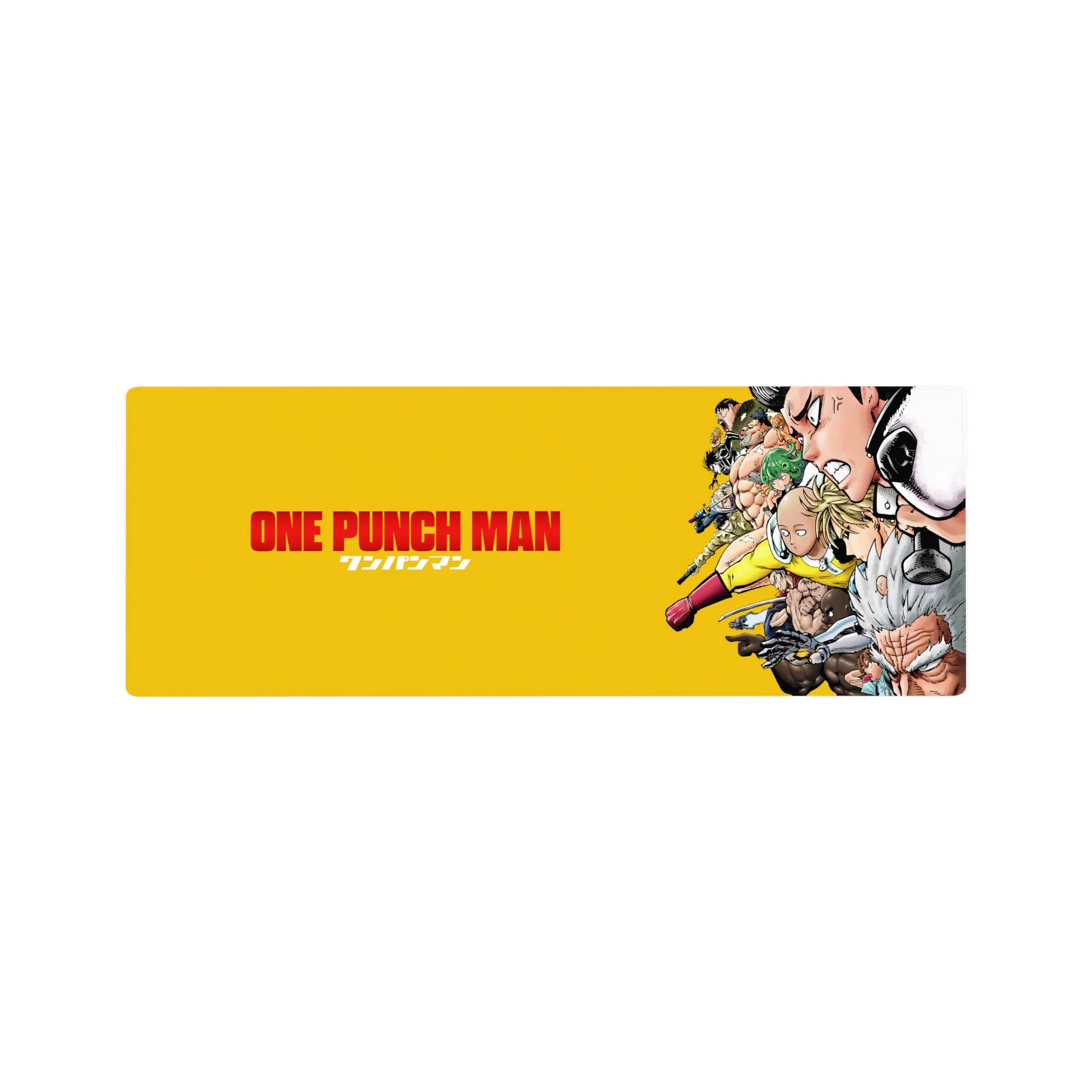 One Punch Man anime mouse pad 32x12 inches with Saitama and Genos in a dynamic hero lineup.