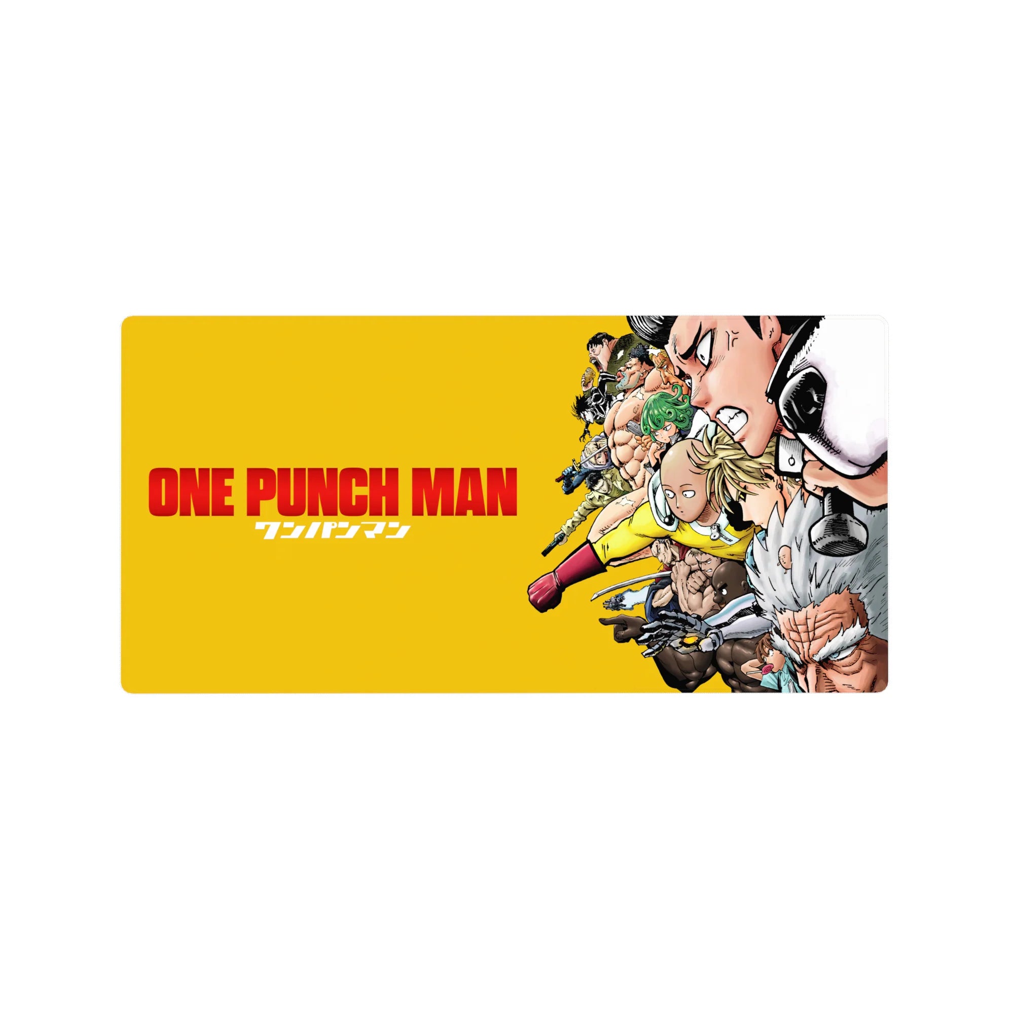 One Punch Man anime mouse pad 32x16 inches with Saitama, Genos, and heroes in a dynamic diagonal lineup.