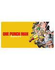 One Punch Man anime mouse pad 32x16 inches with Saitama, Genos, and heroes in a dynamic diagonal lineup.