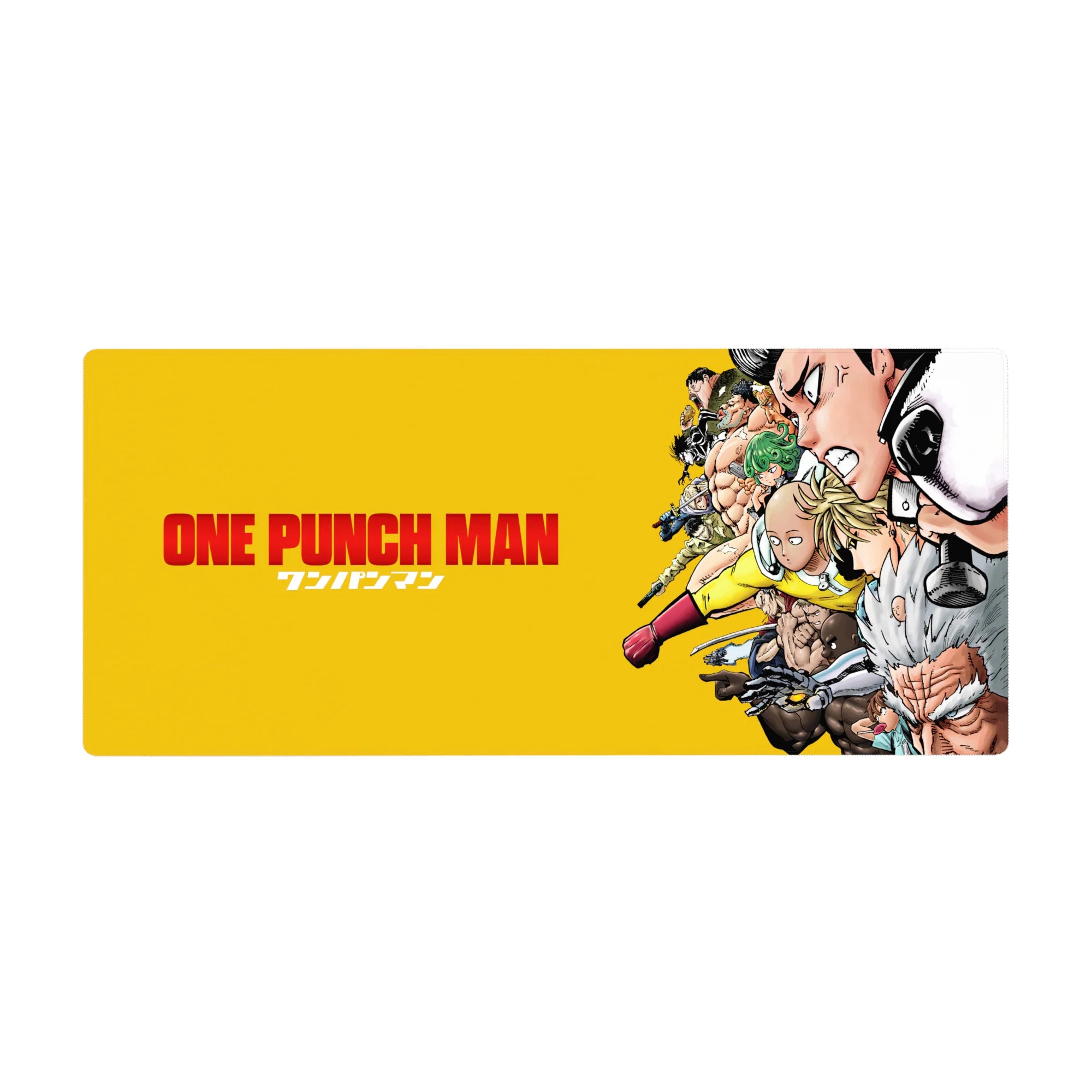 One Punch Man anime desk pad 36x16 inches with Saitama and Genos in a dynamic hero lineup.