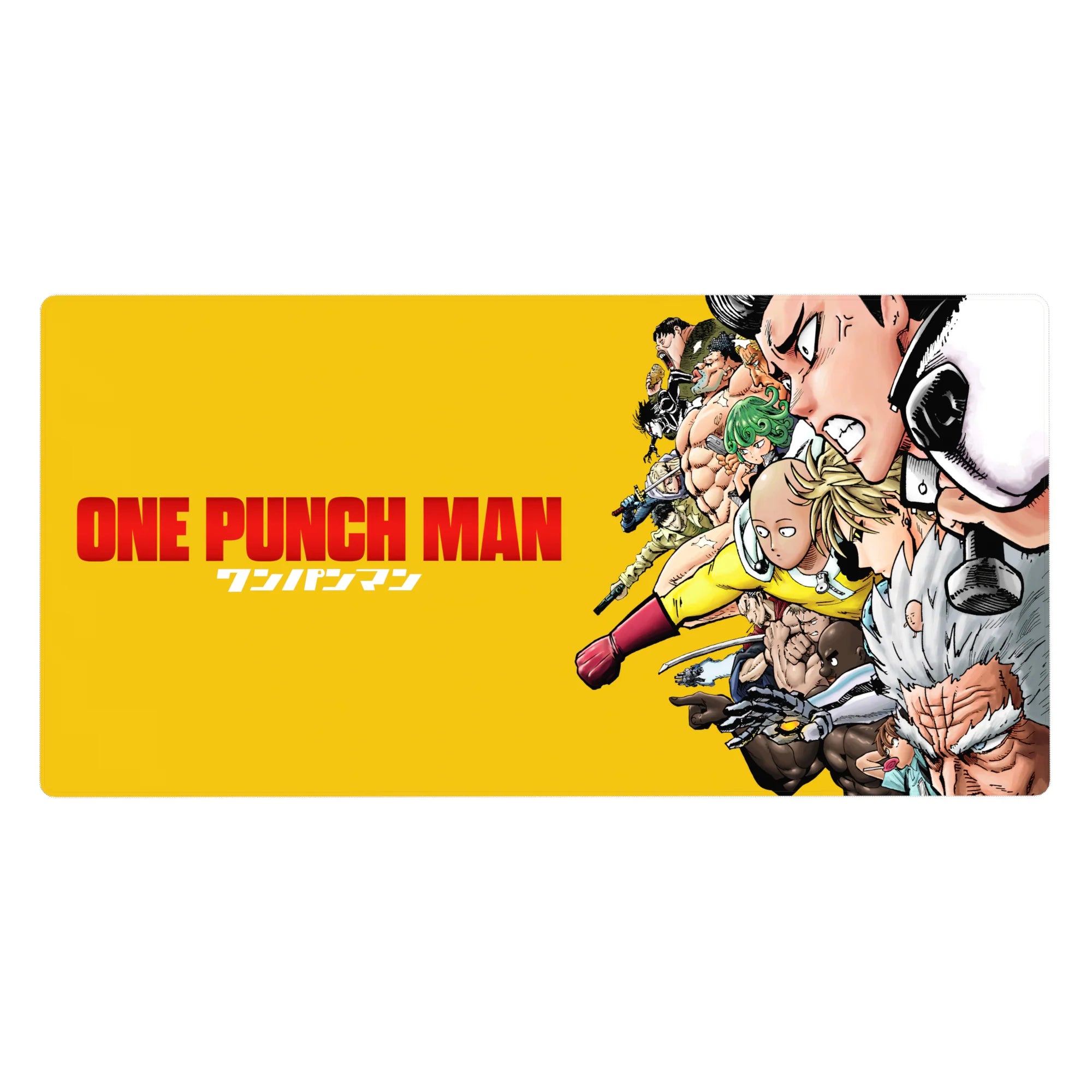 One Punch Man anime desk pad 40x20 inches with Saitama, Genos, and heroes in a dynamic diagonal lineup.