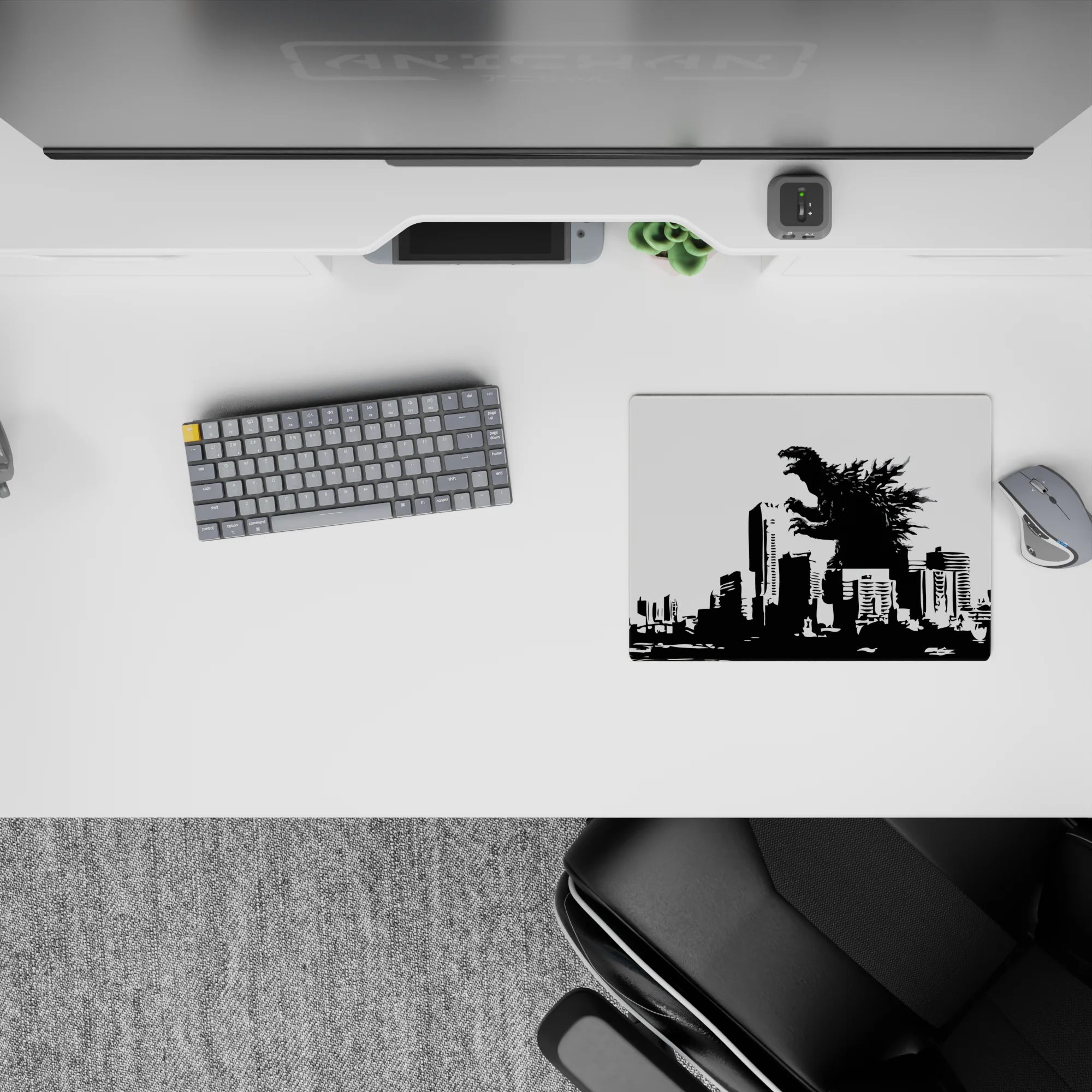 High-contrast black-and-white 14x10 inches anime mouse pad with cinematic kaiju smash vibe and bold ink look.