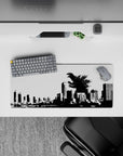 28x12 inches anime mouse pad in stark black and white, high-contrast, cinematic kaiju attack mood.